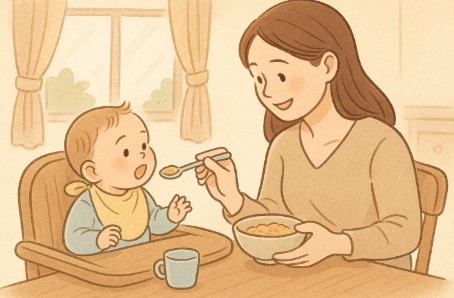 이유식을 시작하는 아기와 부모의 따뜻한 식사 시간