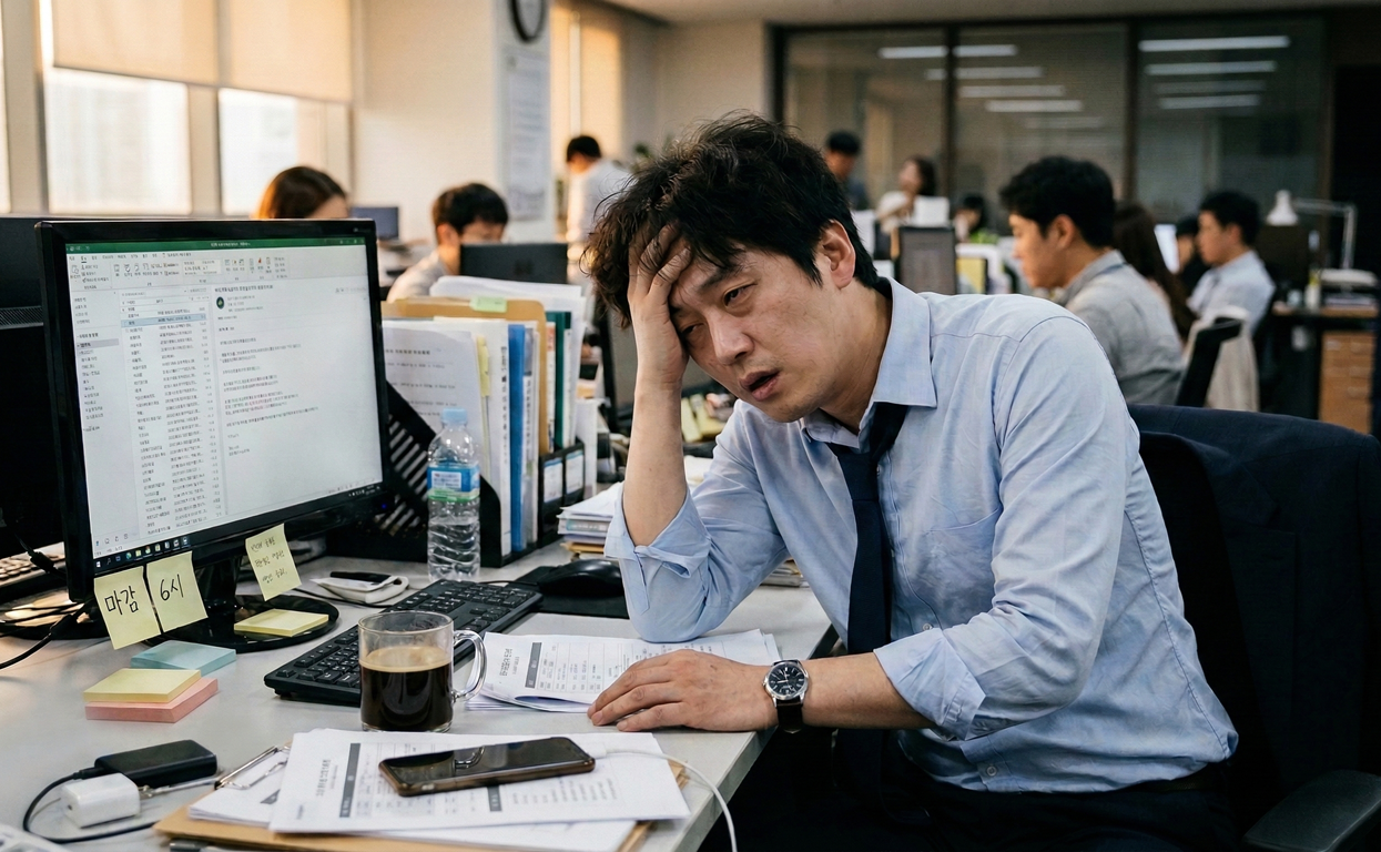 직장인 만성피로 증상을 겪는 남성 사무원