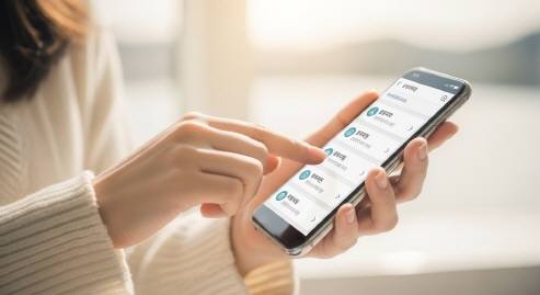 혜택 목록을 스크롤하는 여성의 손