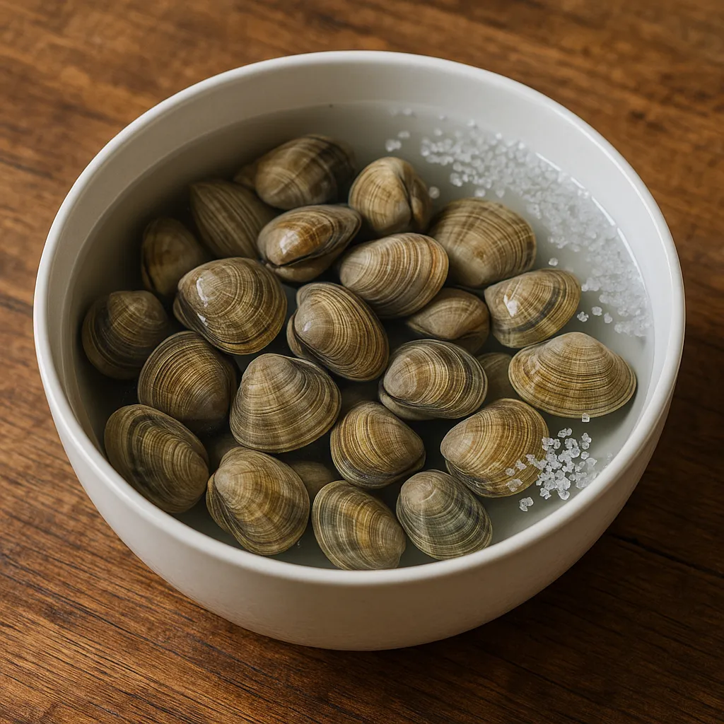 소금물에 담긴 조개 해감 준비