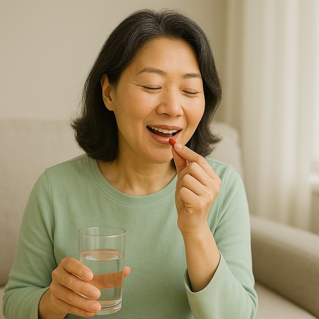 50대 중년 여성이 철분제를 섭취하는 모습. 밝은 실내에서 미소를 지으며 빨간색 철분제를 손에 들고 입에 넣으려 하고 있으며, 다른 손에는 물이 담긴 유리컵을 들고 있다