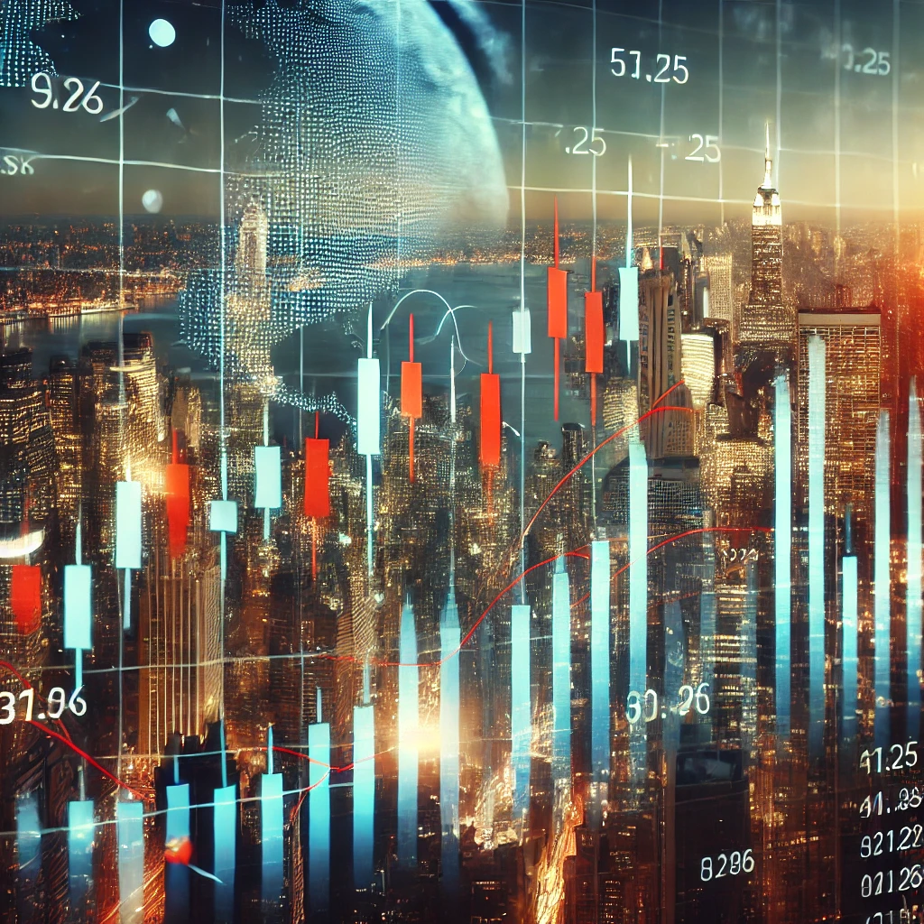 "2025년 글로벌 주식 시장의 주요 종목 상승 및 하락을 나타내는 금융 차트. 캔들 차트와 거래량 분석이 포함된 주식 데이터 그래프."