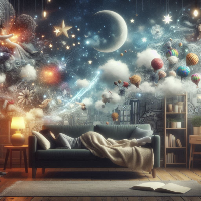 꿈 속의 환상적인 장면을 상상하며 꿈을 꾸는 사람의 모습.