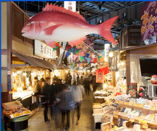 쿠로시오 시장 내부의 활기찬 모습