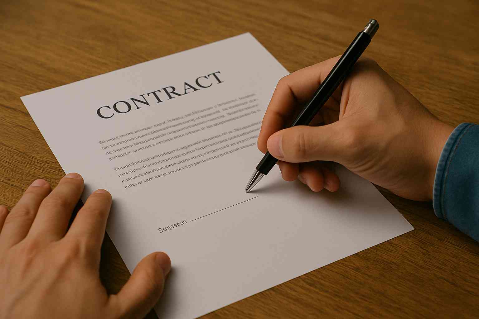 계약서에 서명하는 장면, 손과 펜, 목재 테이블 위의 서류