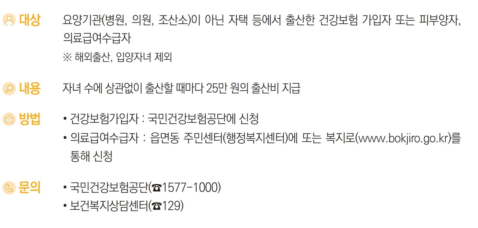 요양비(출산비)지원 요약 내용