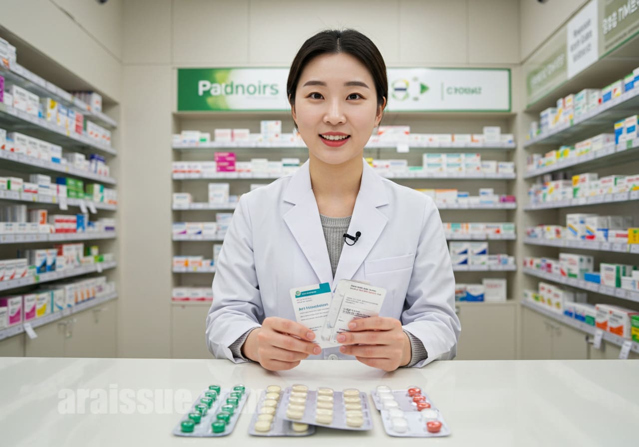 항염증 약이 진열되 있는 약국에서 약사가 약을 건네주고 있습니다.