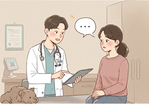 보호자와 편안하게 소통하며 설명하는 수의사의 따뜻한 색연필 일러스트