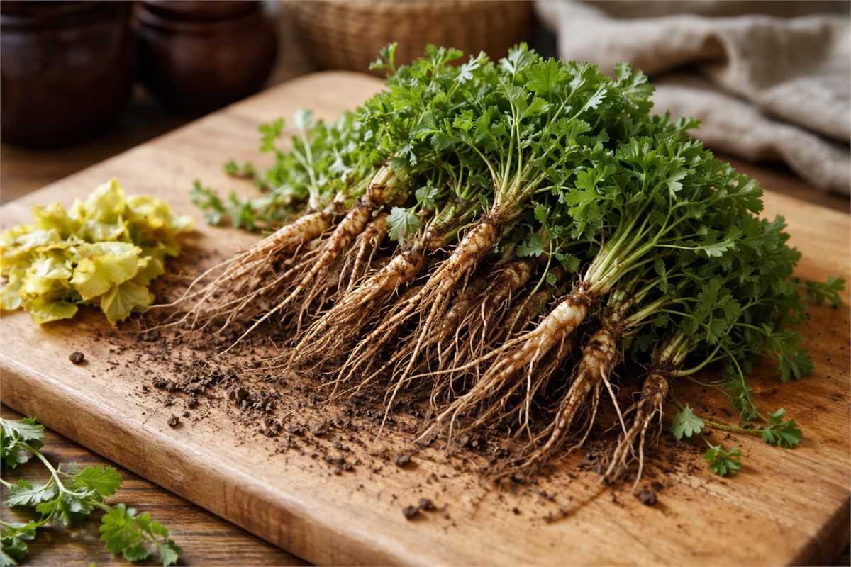 손질 전 냉이의 뿌리와 잎 상태를 가까이 보여주는 장면 