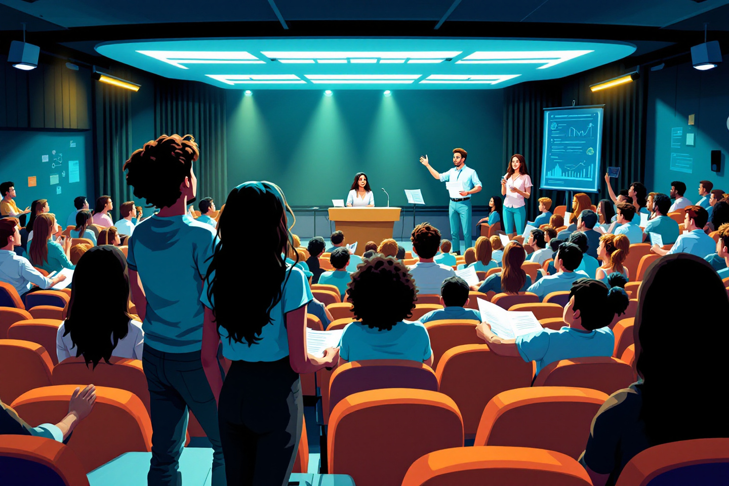 대학 강의실에서 학생과 교수님이 함께 토의 하는 수업이 진행되고 있는 이미지