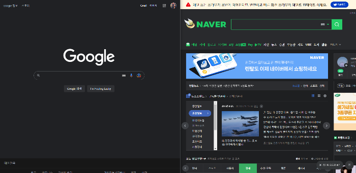 구글과 네이버가 화면분할된 형태로 보이고 있다