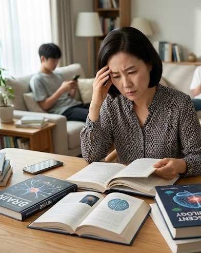 사춘기 두뇌 관련 책을 읽으며 걱정스러운 표정을 짓는 공무원 엄마의 모습