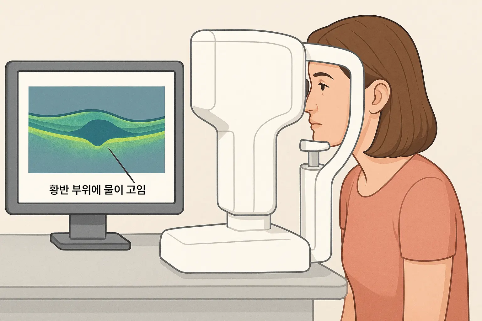 안과에서 빛간섭단층촬영(OCT) 검사를 받는 환자, 황반 부위에 물이 고인 단면 이미지
