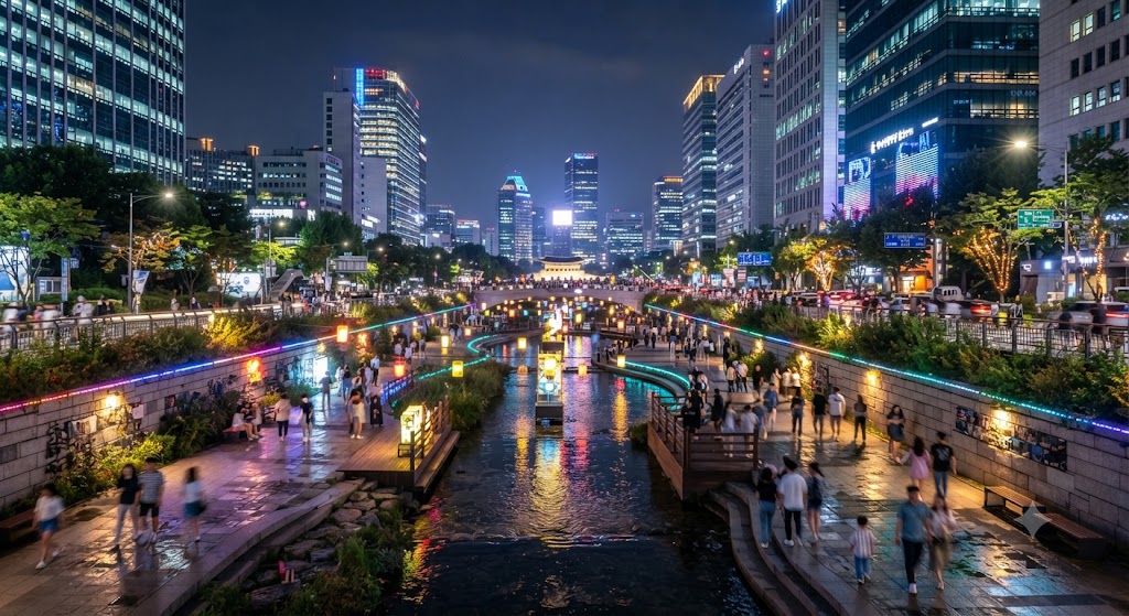 Beautiful night view of Cheonggyecheon Stream in central Seoul with city lights and pedestrians