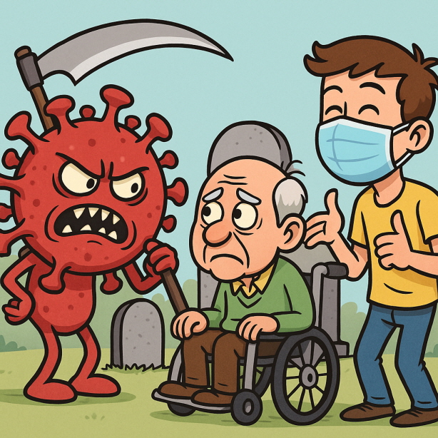 낫을 든 화난 빨간 바이러스가 휠체어에 앉은 불안한 표정의 노인을 바라보고 있고, 마스크를 쓴 젊은 남성이 웃으며 엄지를 치켜드는 만화 스타일의 일러스트.