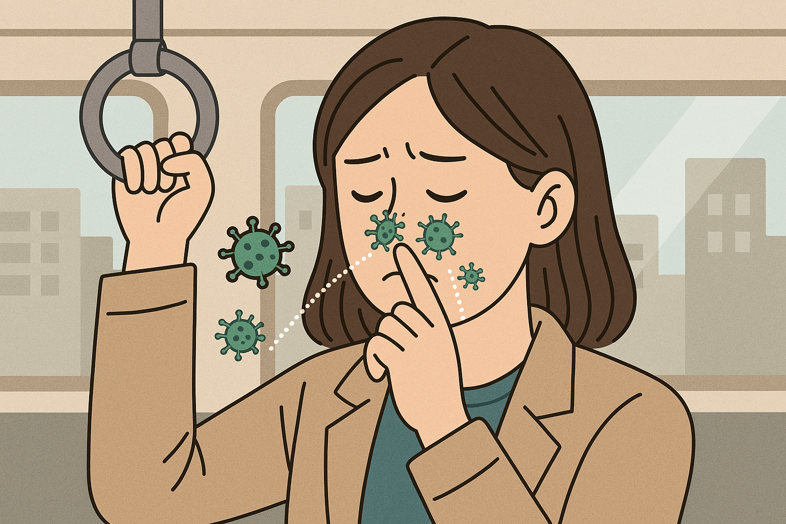 공공장소 외부 세균이 코로 유입될 수 있는 상황 이미지