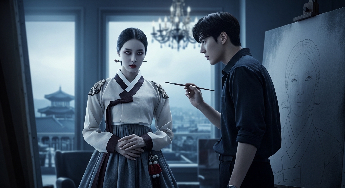 어두운 경성 시대 미술관에서 신비로운 아름다움의 흡혈귀 여인 이채안(수지)이 화가 오준영(김선호)을 매혹적으로 응시하고 있는 모습. 두 배우의 치명적인 비주얼 케미가 돋보인다.