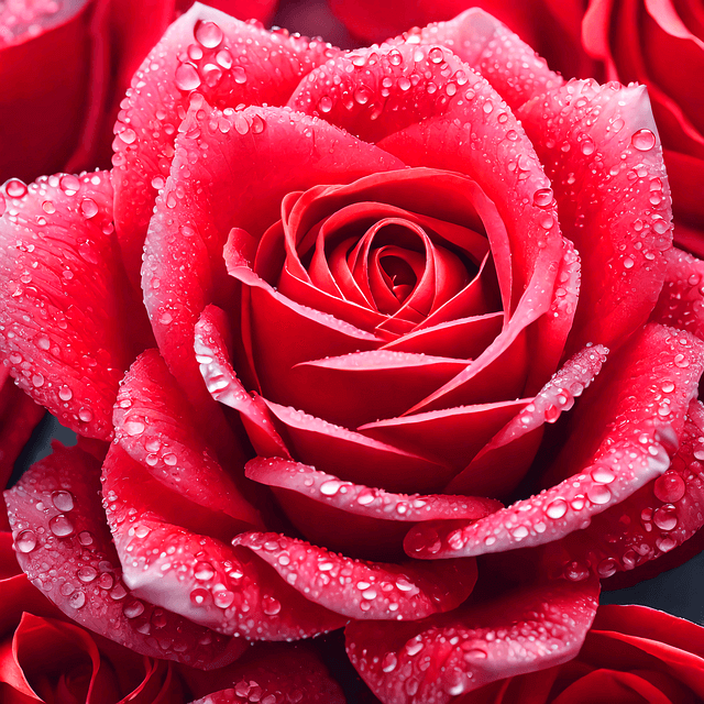 커다란 진분홍색 장미가 활짝 피어있다. 잎에는 투명한 물방울들이 가득하다.