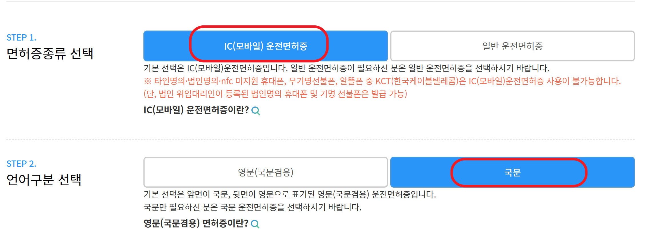 면허종류, 언어선택