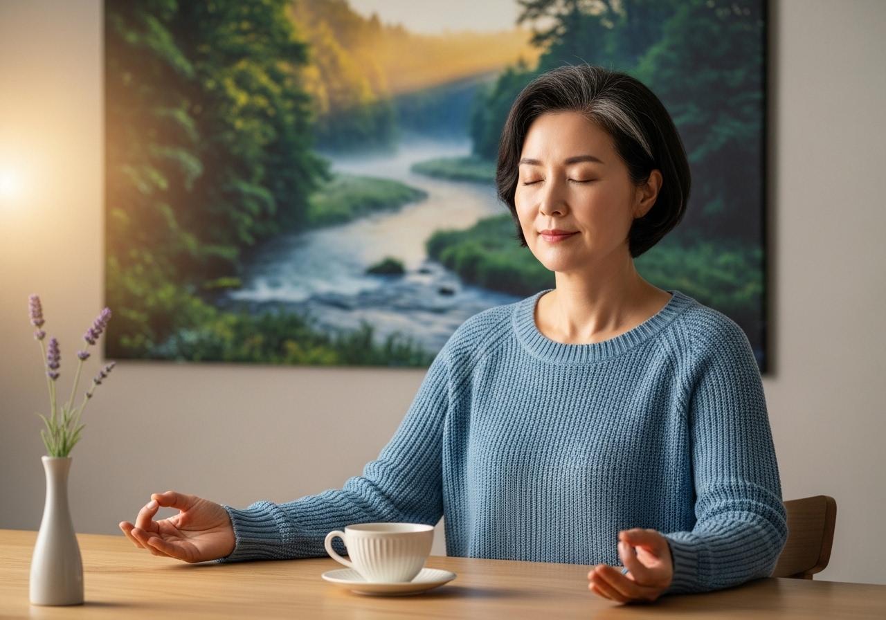 50대 여성이 자연 시각화 명상 중