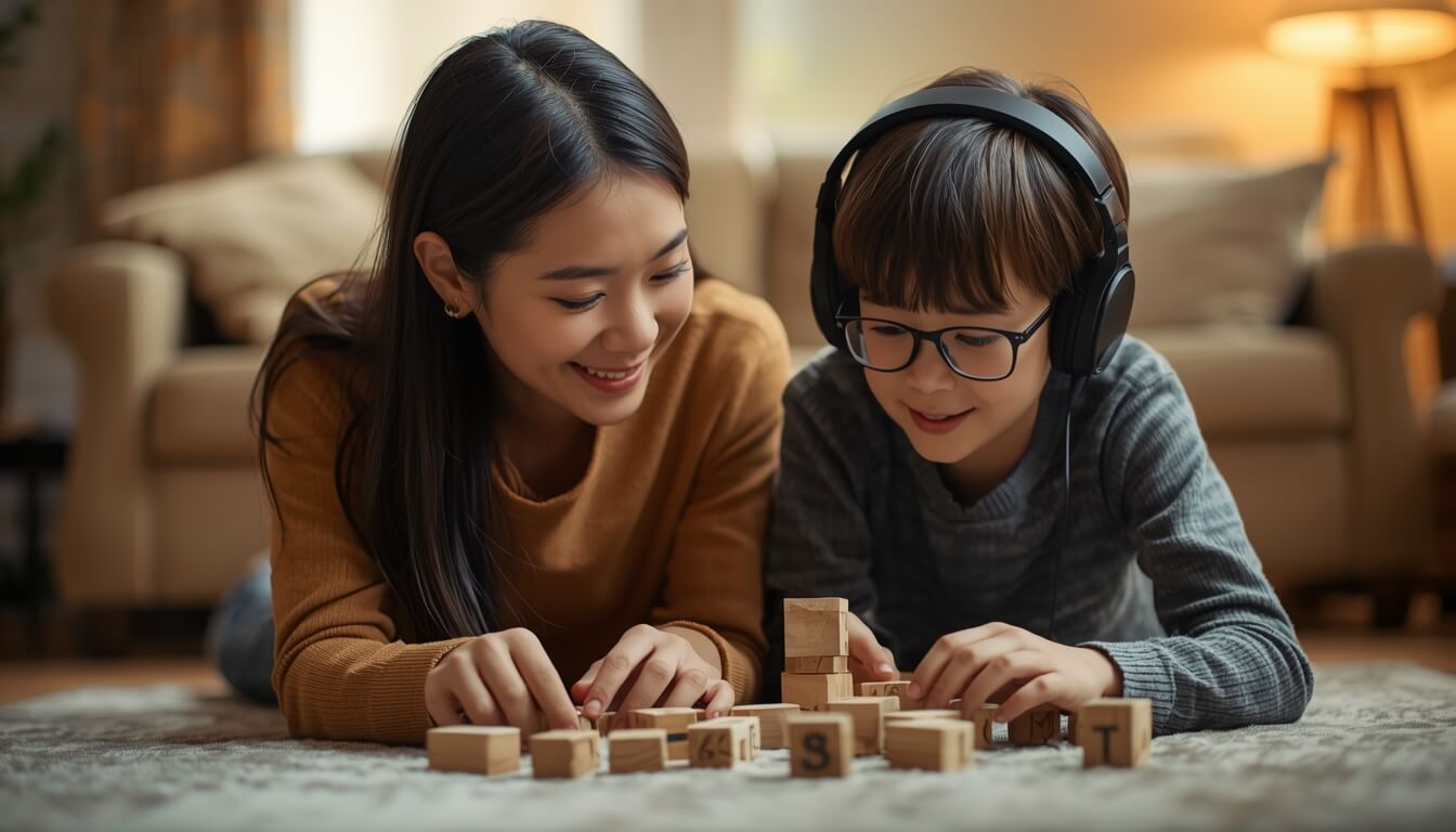 거실에서 놀이와 함께 영어 소리 노출 환경을 즐기는 엄마와 초등학생 아이