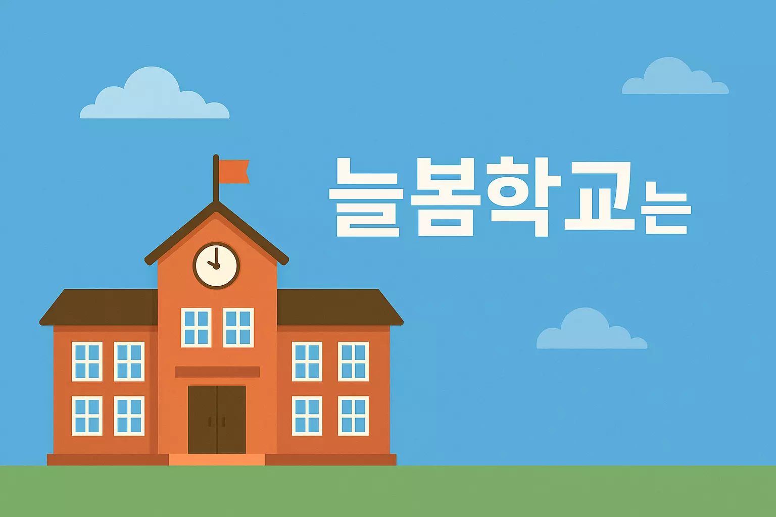 '늘봄학교는'이라는 문구와 함께 붉은색 학교 건물이 삽화로 표현된 그림. 정부 방과후 학교 프로그램을 상징하며 리박스쿨과 연결되는 이슈 설명용.