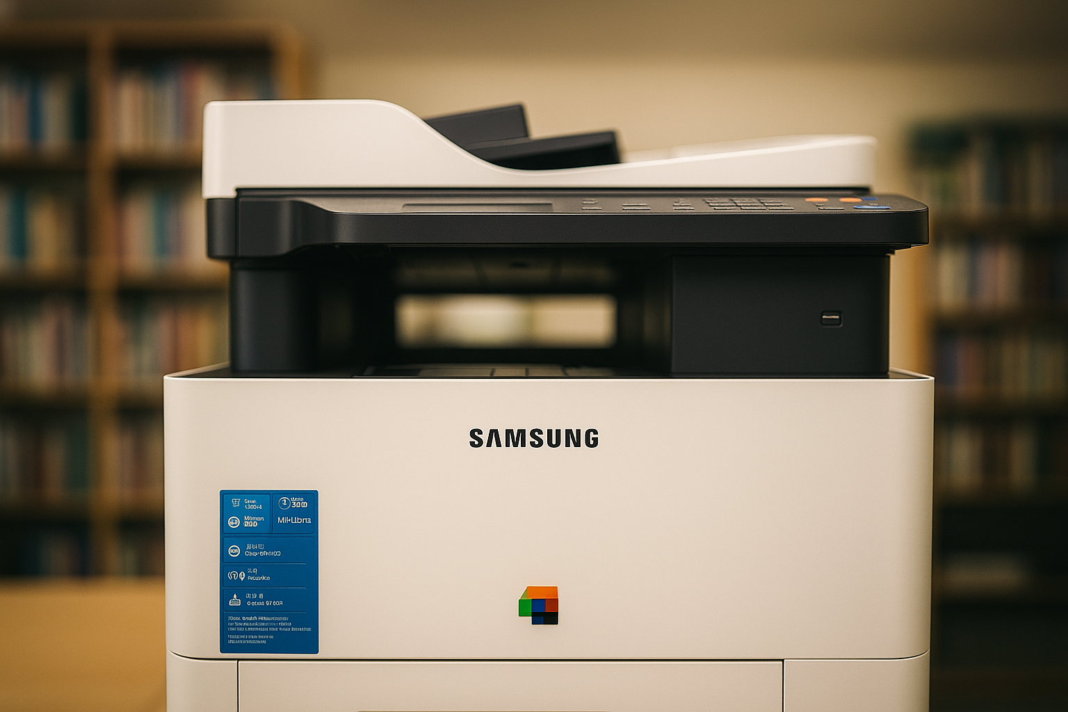 책장 앞에 놓인 삼성 복합기의 전면 모습