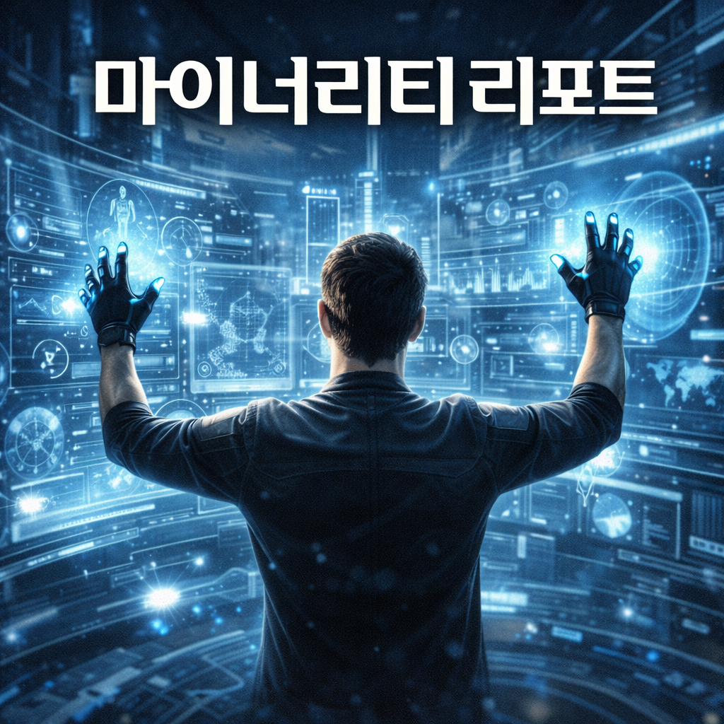 주인공이 가상 컴퓨터를 만지고 있는 이미지. 마이너리티 리포트 영화제목이 삽입되어 있음.