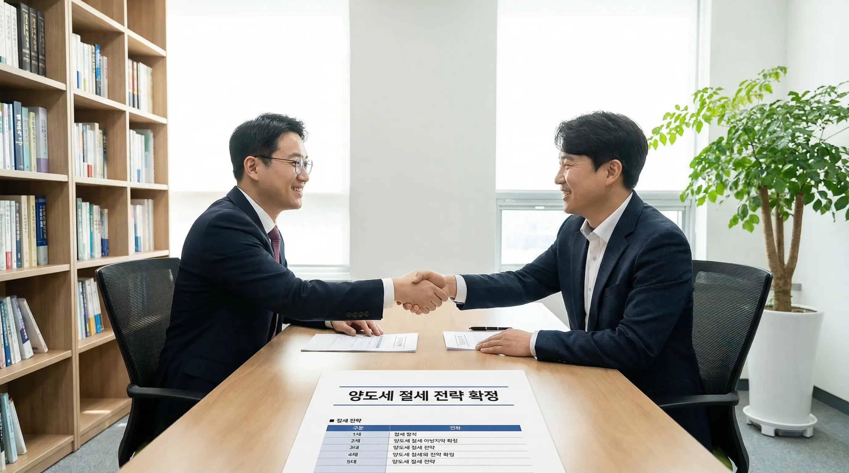 세무 전문가와 상담하며 양도세 절세 전략을 확정하고 만족스러운 표정으로 악수하는 모습