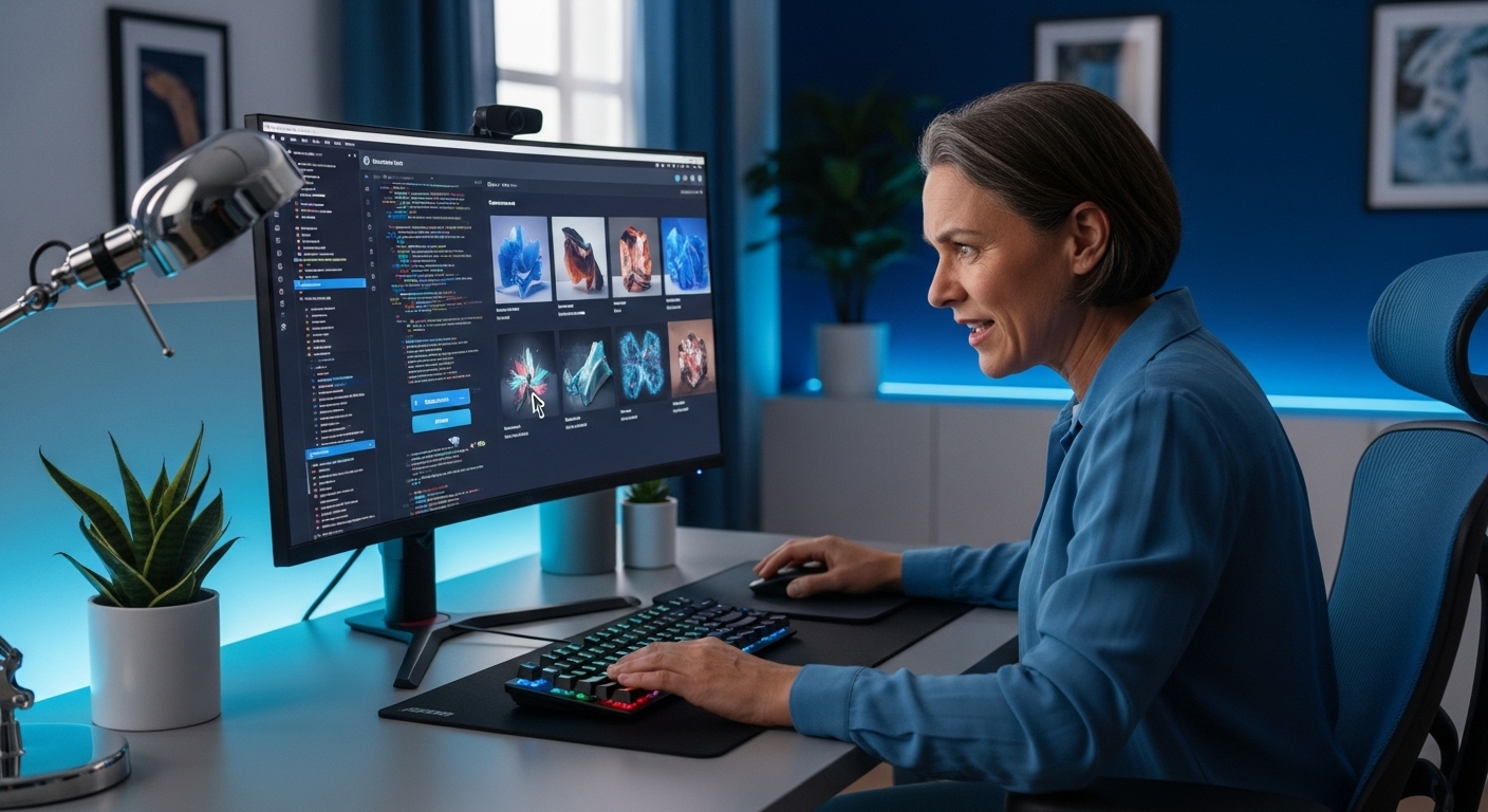 중년이 컴퓨터 화면에서 생성형 AI를 활용하여 작업하는 모습. AI가 텍스트와 이미지를 생성하는 화면을 통해 디지털 기술 습득의 중요성을 강조.