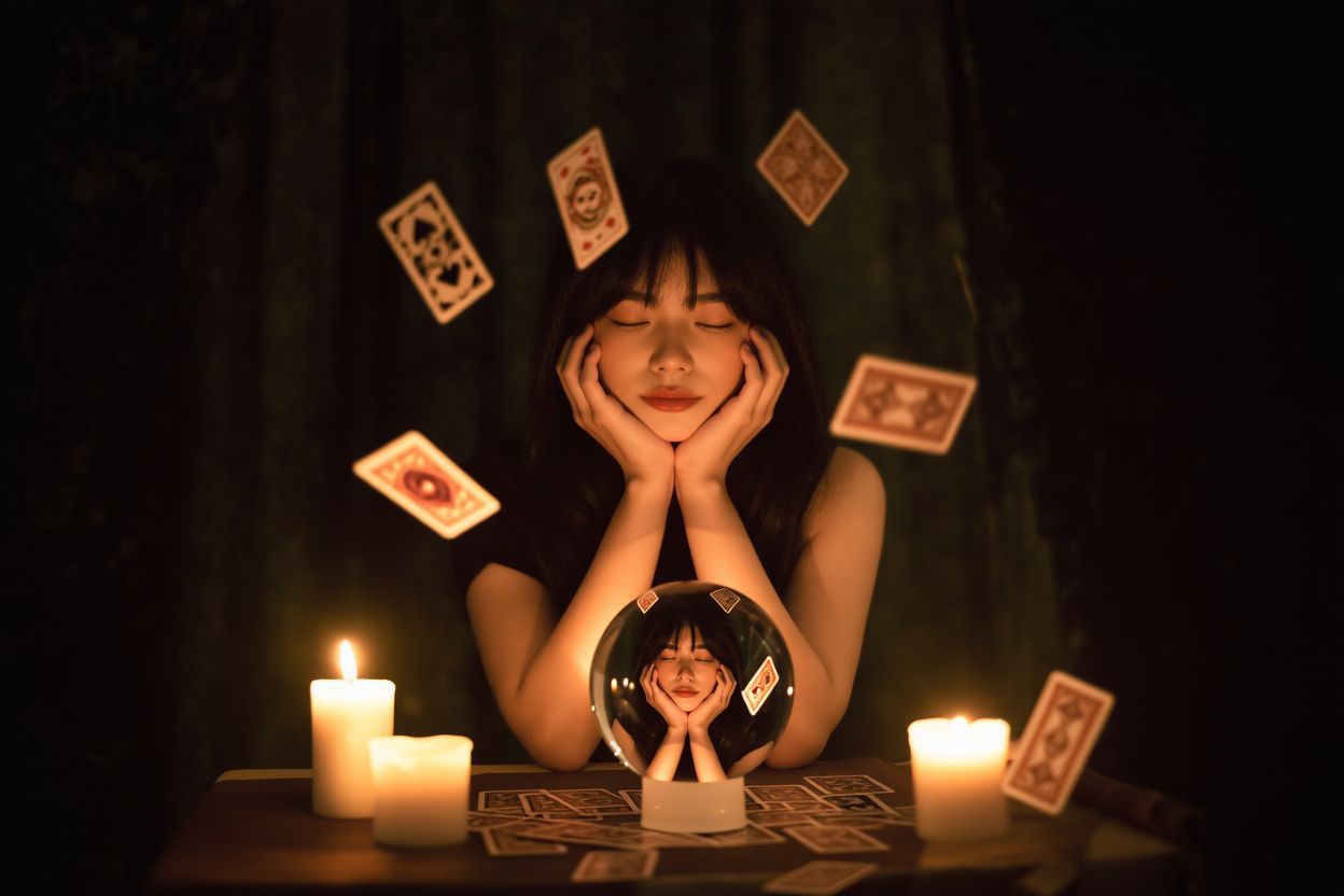 수정구슬 앞에 눈감고 있는 여성, 주변에는 타로카드가 떠다닌다.
