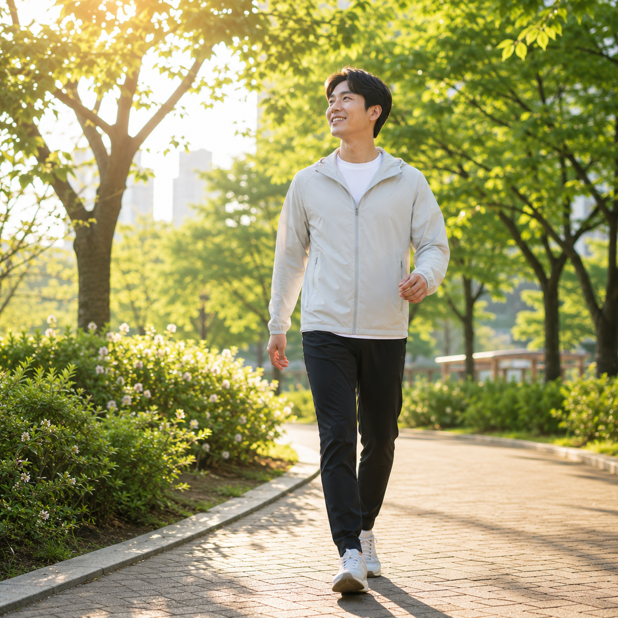 아침 산책을 하며 건강 관리를 하는 모습