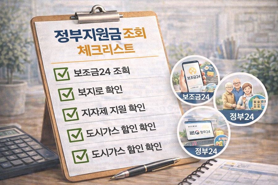 정부지원금 조회 체크리스트로 보조금24 조회, 복지로 확인, 지자체 지원 확인, 도시가스 할인 확인 방법을 안내하는 이미지
