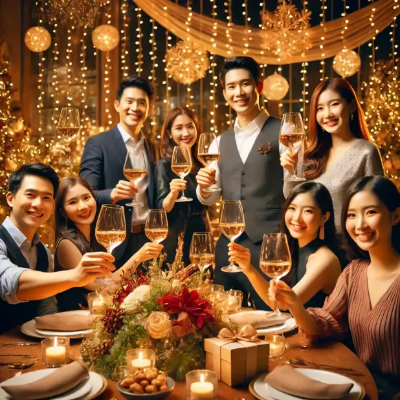 송년회-샴페인-남녀-8명-꽃장식