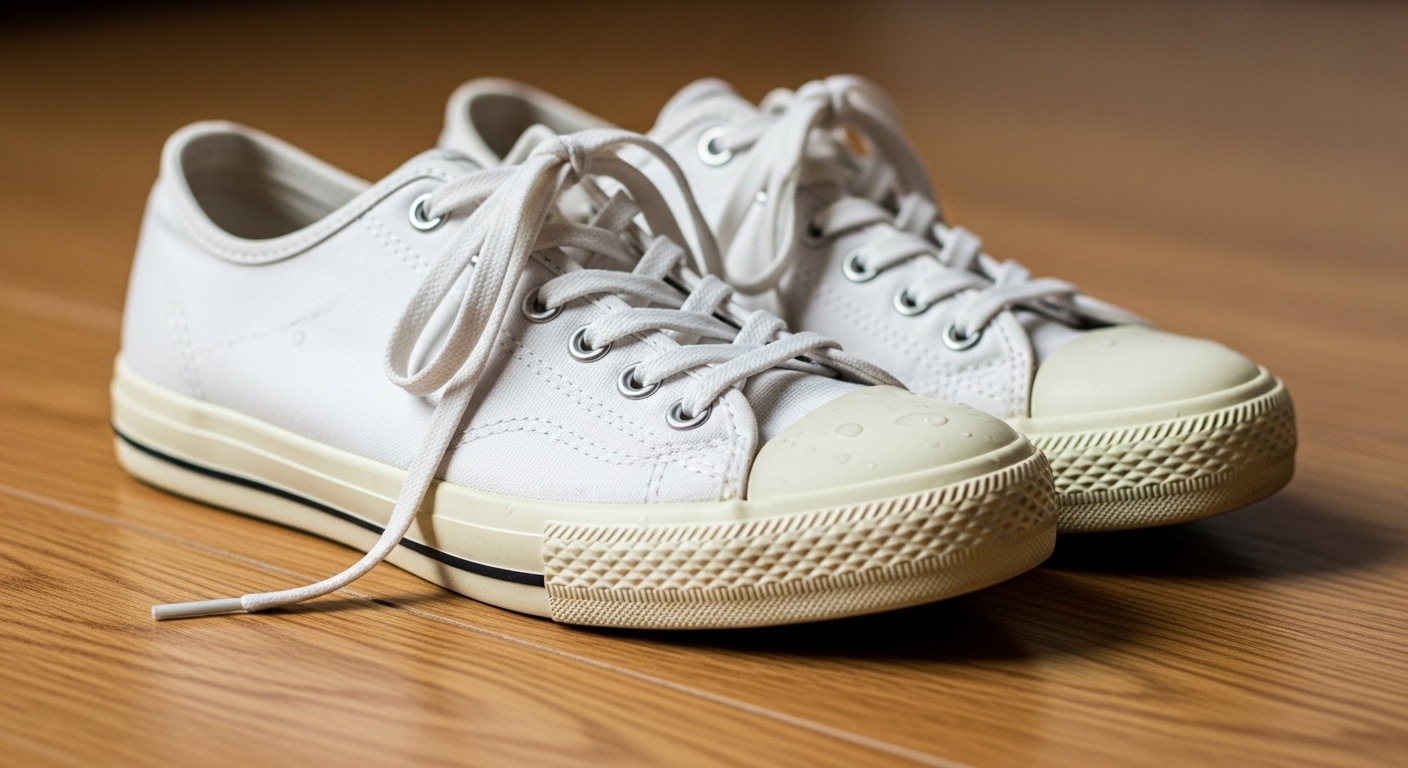 알칼리성 세제 잔여물과 직사광선으로 인해 누렇게 황변 현상이 일어난 흰 운동화