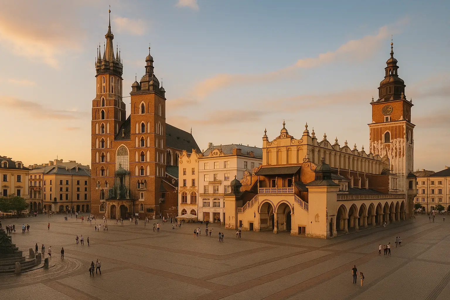 폴란드 크라쿠프 중앙광장과 성모 마리아 성당이 보이는 석양의 실사 사진