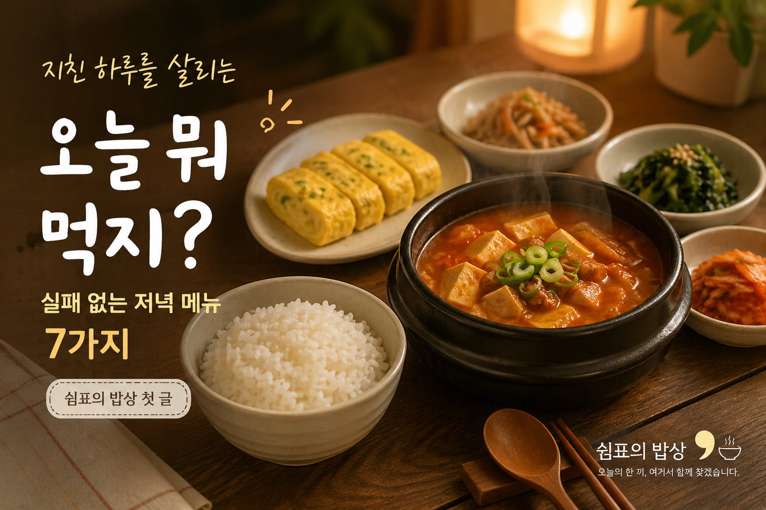 따뜻한 저녁 집밥 한 상과 김치찌개 계란말이 반찬이 놓인 쉼표의 밥상 대표 썸네일