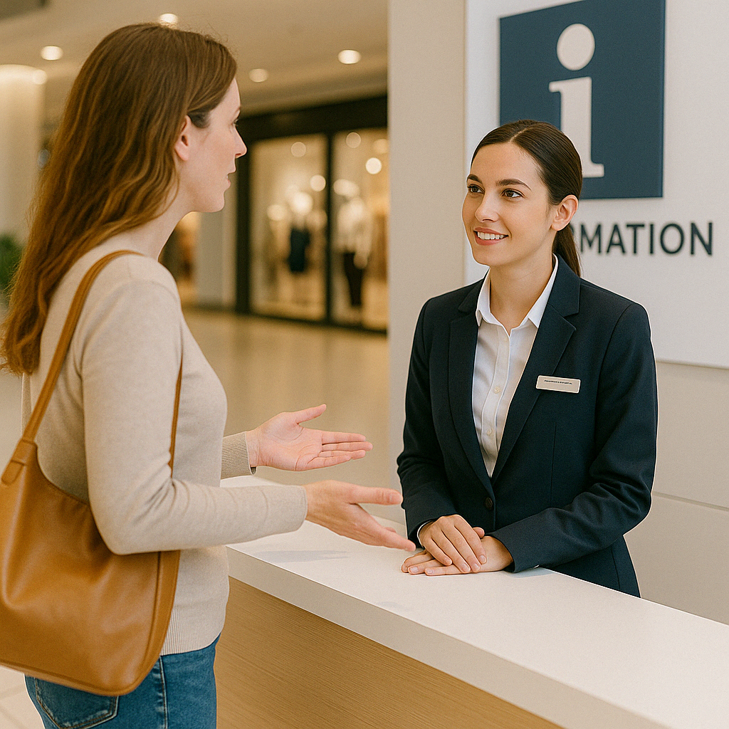 안내 데스크에서 직원에게 문의하는 고객의 모습으로&amp;#44; &amp;#39;Is there an information desk nearby?&amp;#39; 상황을 표현합니다.