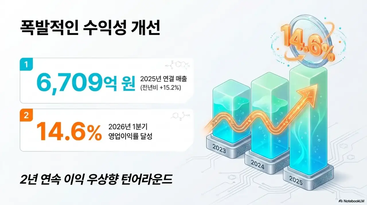 이엔에프테크놀로지 주가 전망: 이엔에프테크놀로지의 수익성 개선을 보여주는 이미지. 2025년 연결 매출 6709억 원과 전년비 15.2퍼센트 성장, 2026년 1분기 영업이익률 14.6퍼센트 달성을 막대 그래프로 제시하며 2년 연속 이익 우상향 턴어라운드를 설명함
