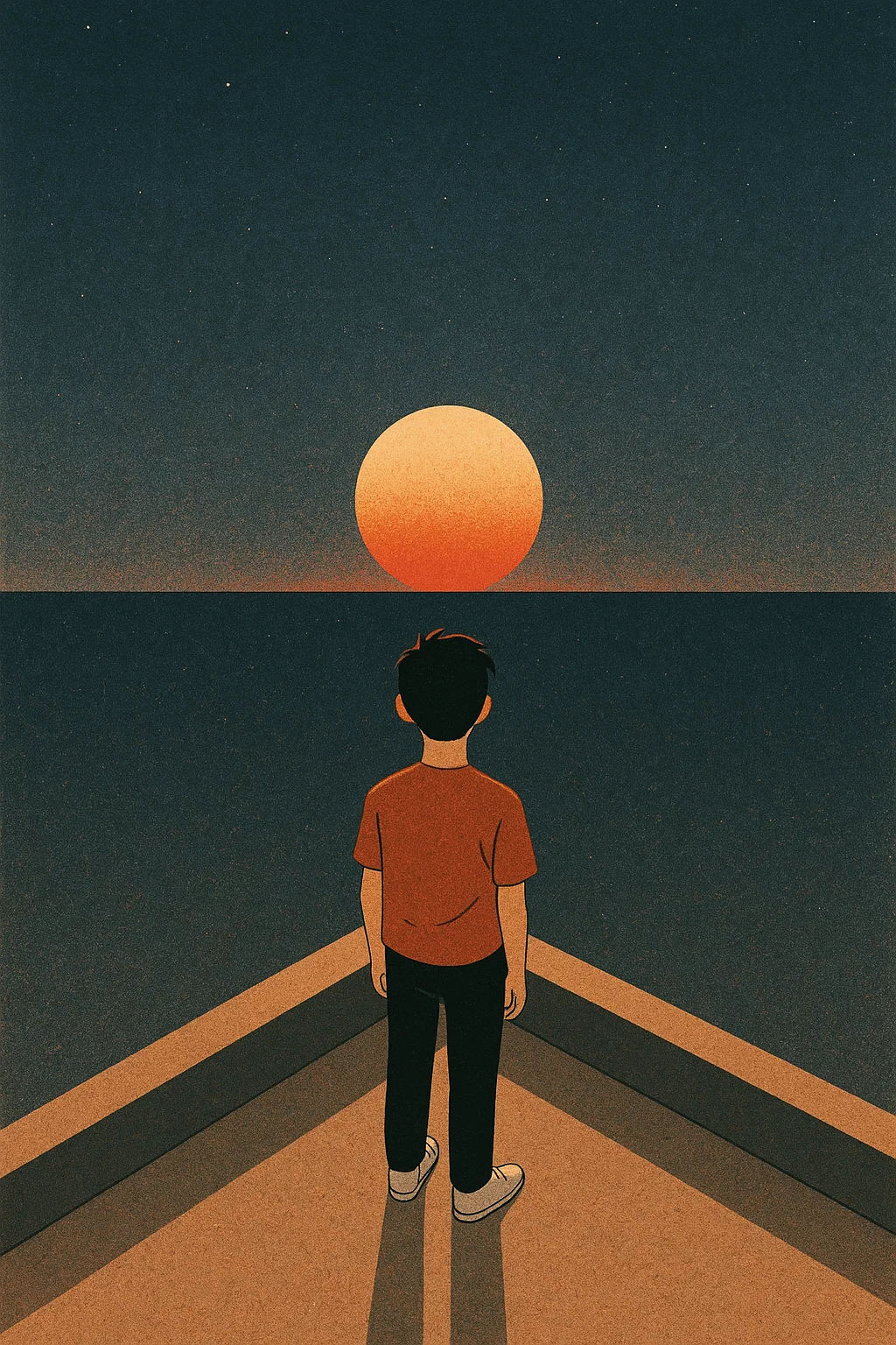 새로운 다짐을 마음에 품고, 뜨는 해를 바라보며 항해하는 모습