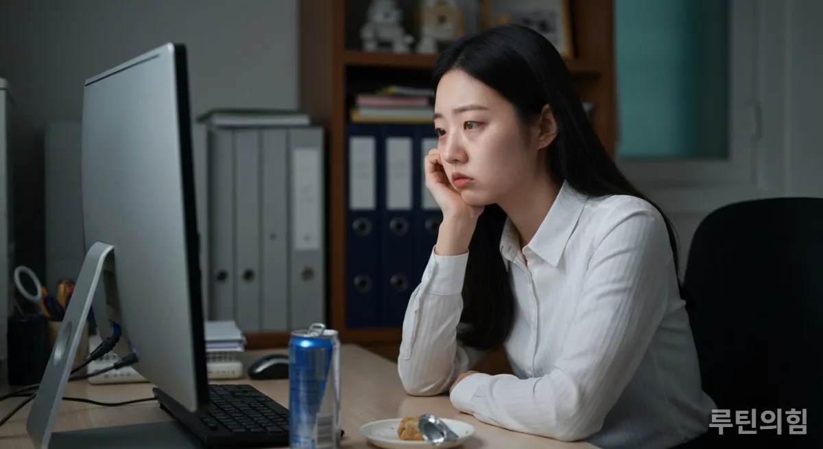 피곤에 지쳐 컴퓨터 화면을 멍하니 바라보는 직장인 여성