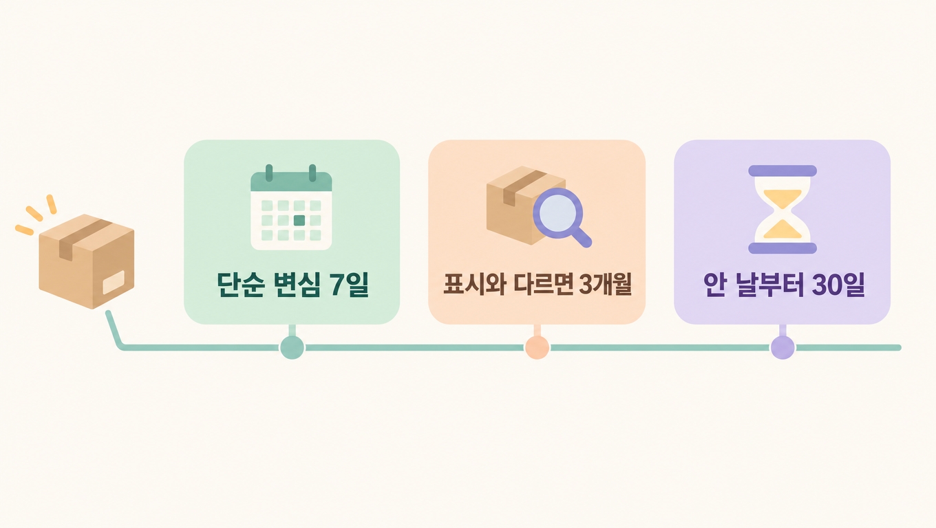 청약철회 기간 인포그래픽 - 단순 변심 7일, 표시와 다르면 3개월, 안 날부터 30일
