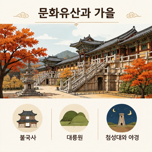 경주 불국사의 전통 건축물과 가을 단풍, 대릉원과 첨성대 여행을 함께 표현한 이미지