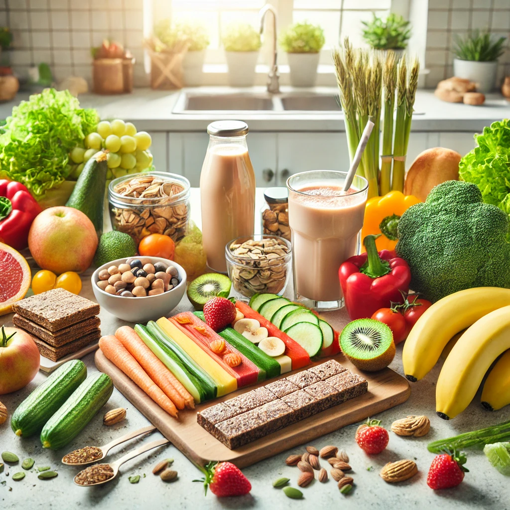 신선한 채소, 단백질 바, 스무디 등이 밝은 자연광 아래 깨끗한 주방 조리대에 배치된 모습. 건강과 다이어트를 강조하는 구성.