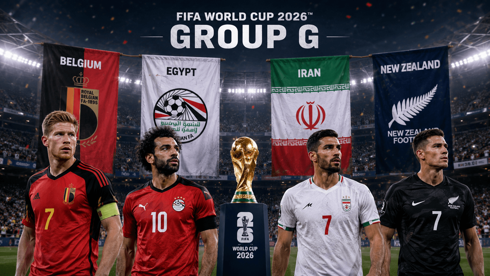 2026 FIFA 북중미 월드컵 조별리그 G조 4개국 대표 선수 및 국기 배너 그래픽 포스터: 벨기에 케빈 더브라위너, 이집트 모하메드 살라 등 선수단 레이아웃