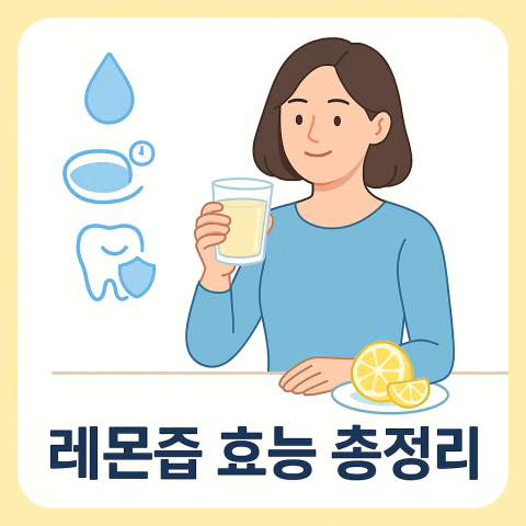 레몬즙 효능 총정리 제목과 레몬 물을 마시는 여성, 3원칙 아이콘이 들어간 건강 블로그 썸네일