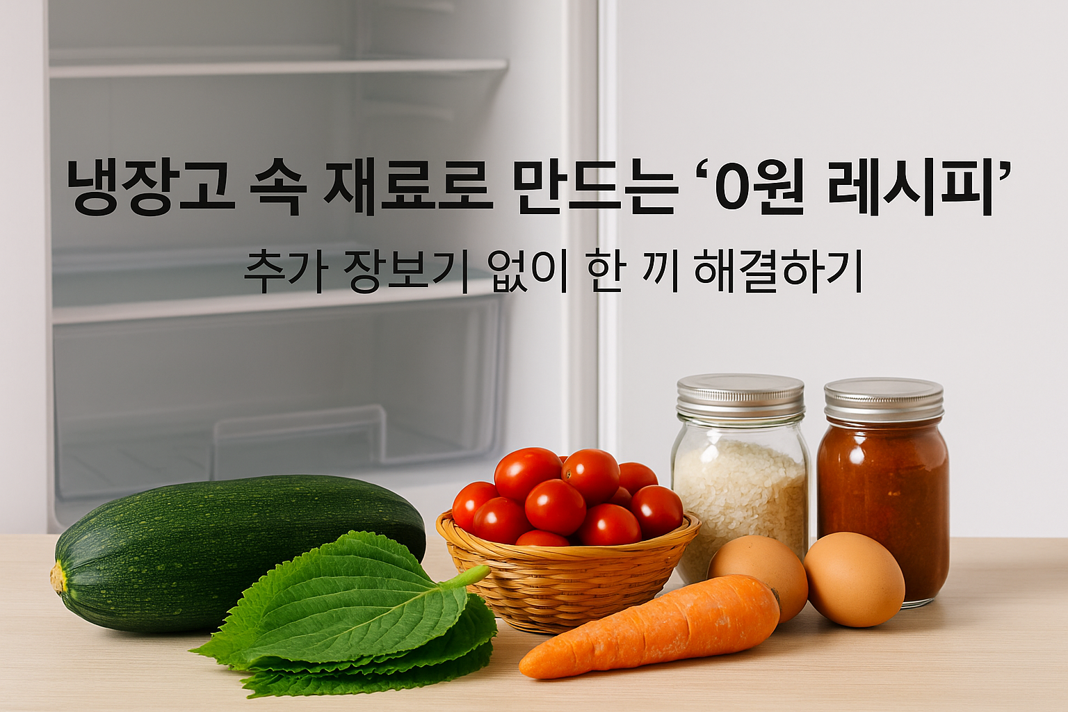 텅 빈 냉장고 앞 테이블 위에 해호박 깻잎 방울토마토 당근 계란 쌀 소스가 자연스럽게 놓여있는 추가 장보기 없이 냉장고 재로로 한끼를 해걸하는 0원 레시피를 상징하는 장면