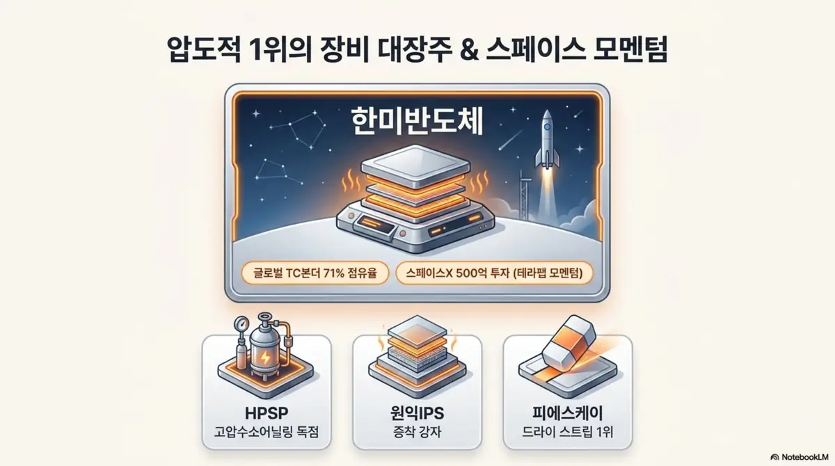 반도체 장비 대장주 한미반도체를 중심으로 한 이미지. 글로벌 TC본더 71% 점유율과 스페이스X 500억 투자(테라팹 모멘텀)를 강조하고&amp;#44; 함께 주목할 전공정 장비주로 HPSP(고압수소어닐링 독점)&middot;원익IPS(증착 강자)&middot;피에스케이(드라이 스트립 1위)를 보여줌. 
