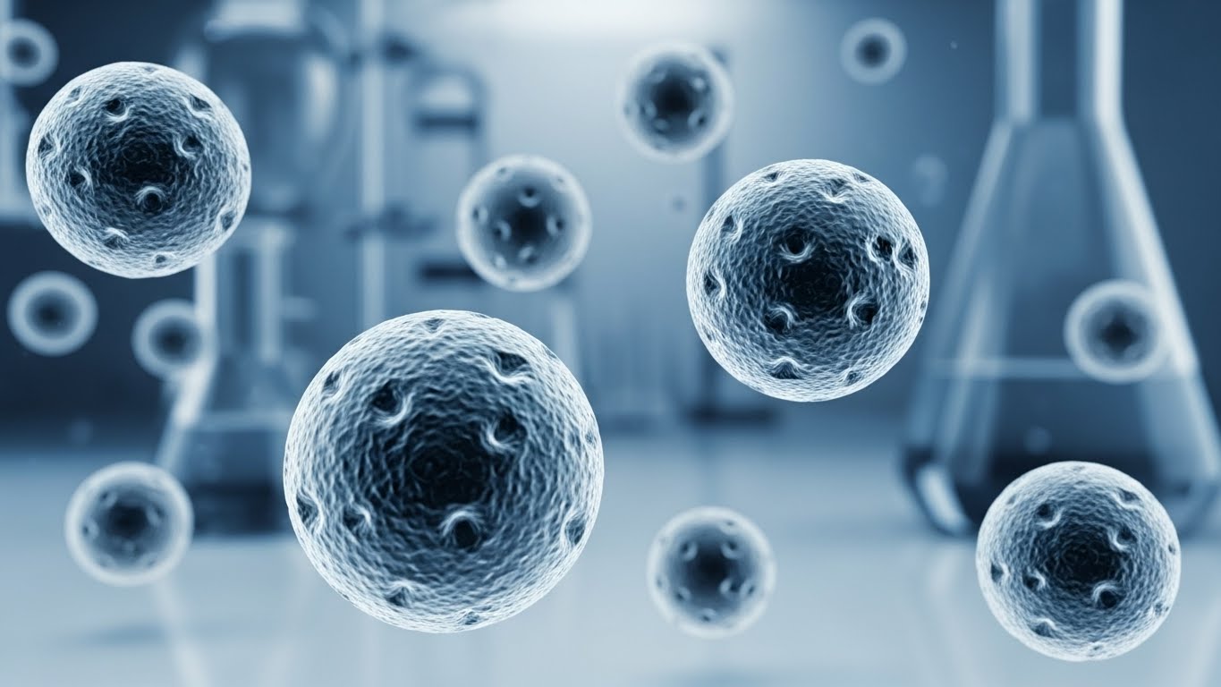 깨끗한-실험실-배경에-떠다니는-노로바이러스-입자를-확대하여-시각화한-사실적인-의학-컨셉-이미지입니다.