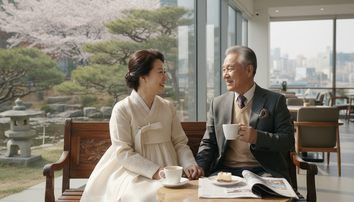 아름다운 한국 공원에서 평화롭고 여유로운 시간을 보내고 있는 행복한 노부부의 모습, 안정된 노후를 상징.